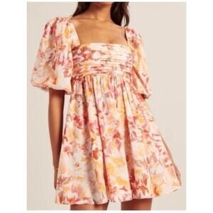 Abercrombie & Fitch Emerson Mini Dress Puff Sleeve Pleat Bodice Peach Floral XLT
